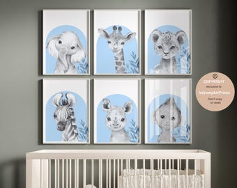 Safari animal prints, Safari Nursery decor, Safari nursery prints, set of 6, Nursery wall art, Jungle Nursery, kids room decor, baby room