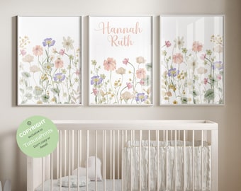 Spersonalizowane nazwy Wildflowers Prints | Kwiatowe dekoracje ścienne do pokoju dziecięcego, Boho, wystrój pokoju dziecięcego dla dziewczynki | Wild Flowers | Spersonalizowane nazwy | Wydrukowana sztuka ścienna