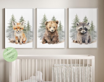 Impresiones de animales del bosque para la habitación de los niños, decoración de la habitación del bebé, arte de pared del bosque para el regalo de la guardería, decoración de la habitación de los niños con impresiones de animales del bosque para bebés, arte de pared imprimible