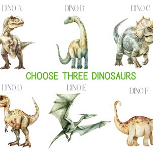 Pu&ograve; includere: Un grafico stampabile con sei diverse illustrazioni di dinosauri ad acquerello. Il grafico include il testo "CHOOSE THREE DINOSAURS" e etichetta ogni dinosauro con le lettere da A a F.
