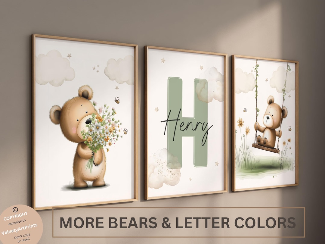 Set of 3 Custom Teddy Bear Nursery Wall Art Print| Personalized Name ...