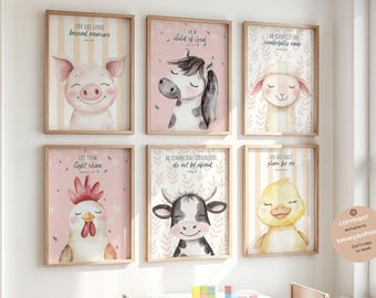 May include: Set of six framed art prints featuring watercolor illustrations of farm animals, including a pig, horse, sheep, rooster, cow, and duck. Each print has a pastel background and inspirational text. The frames are made of light-colored wood.