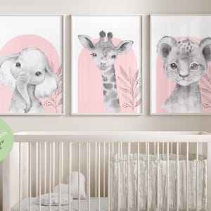 Estampas de animais de safári, elefante, leão, girafa, decoração de quarto infantil rosa para meninas, estampas de animais da selva, conjunto de 3 estampas, berçário de meninas