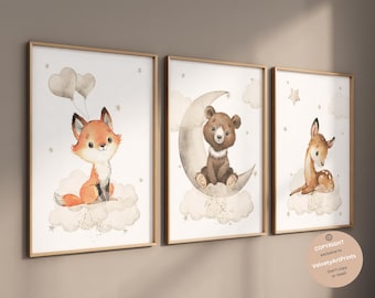Neutrale Kinderzimmer, Waldtierkindergarten, Waldtierdrucke, Kinderzimmerdeko Bär, Reh, Fuchs, Waldtiere