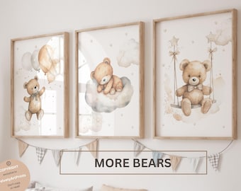 Set of 3 Teddy bear nursery wall art print| Bear nursery Decor| Bear ,Moon, Cloud| Nursery Decor| Baby neutral print| New baby Printable