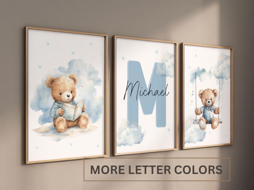 Set of 3 Custom Teddy Bear Nursery Wall Art Print| Personalized Name ...