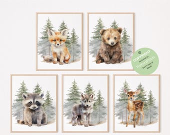 Impresiones de animales del bosque para la habitación de los niños, decoración de la habitación del bebé, arte de pared del bosque para el regalo de la guardería, decoración de la habitación de los niños con impresiones de animales del bosque para bebés, arte de pared imprimible