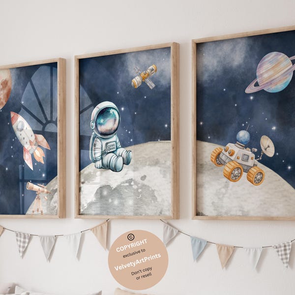 Rymd-barnrumstavlor, utskrivbara väggkonst med astronauter och planeter, akvarelltryck med yttre rymden, set om 3, raketposters, konst för pojkars sovrum