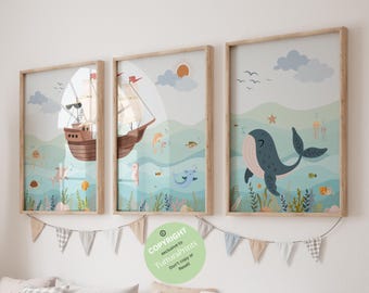 Ocean nursery, Nautical nursery, Sea animal wall art, whale print, Under the sea art, Ocean theme nursery, boy nursery print, Playroom decor