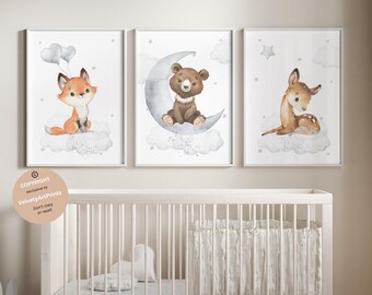 Neutrale Kinderzimmer, Waldtier Drucke, Reh, Fuchs, Bär, Waldtier Drucke, neutrales Kinderzimmer Dekor, Waldtiere