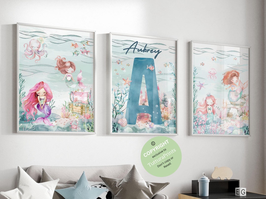 Mermaid Prints for Girls Room, Personalized Name, Mermaid Nursery Decor ...