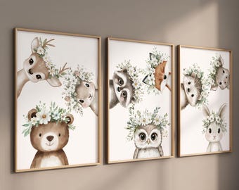 Woodland Animal Prints, Woodland Nursery Wall Art Gift,  Forest Animal Nursery Decor, Watercolor Bear Deer Fox bunny