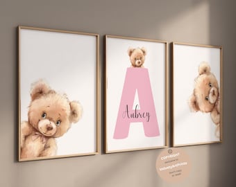 Baby Bear Nursery Wall Art, Peeking Bear Nursery Print, Peekaboo Bear Nursery Decor, Personalized name gift, Woodland Nursery art, set of 3
