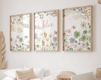 Decoración de guardería con flores silvestres, impresiones de flores silvestres, arte floral para guardería, nombre personalizado, arte de pared bohemio para guardería, decoración de guardería para niñas, flores de prado