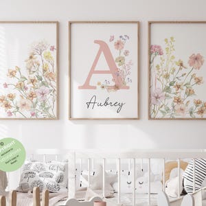 Wilde bloemenprints| Bloemen kinderkamer muurkunst, boho, decoratie babymeisje | Aangepaste wilde bloemen| Gepersonaliseerde naam| Vintage weidebloemen