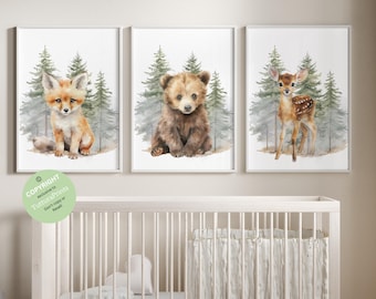 Láminas de animales del bosque para habitación de bebé, decoración de pared para habitación de bebé, regalo de arte de pared para habitación de bebé, decoración de habitación infantil con estampados de animales del bosque, arte de pared imprimible