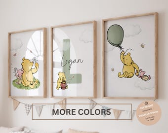 Set di stampe classiche per la cameretta dei bambini di Winnie the Pooh, arte murale personalizzata (download digitale)