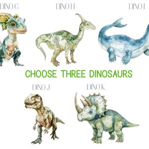 Pu&ograve; includere: Un grafico stampabile con cinque illustrazioni di dinosauri ad acquerello. Il grafico include il testo "CHOOSE THREE DINOSAURS" ed etichetta ogni dinosauro con il testo "Dino G", "Dino H", "Dino I", "Dino J", e "Dino K".