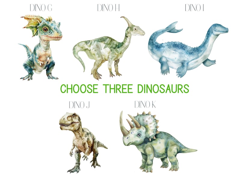 Pu&ograve; includere: Un grafico stampabile con cinque illustrazioni di dinosauri ad acquerello. Il grafico include il testo "CHOOSE THREE DINOSAURS" ed etichetta ogni dinosauro con il testo "Dino G", "Dino H", "Dino I", "Dino J", e "Dino K".