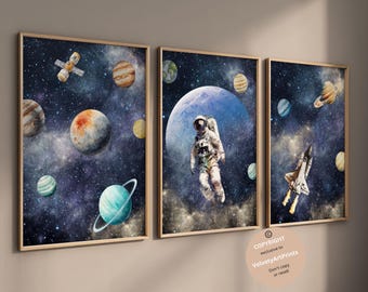 Space nursery wall art,  Space Prints,  Astronaut Planets  Wall Art, Outer Space Watercolour Prints, Set of 3, Rocket Posters, boys room art