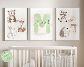 Woodland Animal Prints, Woodland Nursery Wall Art Gift, gepersonaliseerde naamafdruk, Forest Animal Nursery Decor, aquarel Bear Deer Fox Print