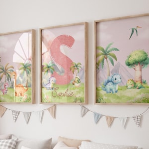 Set of 3 Custom Dinosaur Nursery Wall art Print| girl Dino Print| Personalized Name sign Nursery Child Kids Printable Gift| Nursery Decor