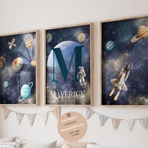 Rymdtryck, väggkonst för barnrum med rymden, väggkonst med astronauter och planeter, akvarelltryck med yttre rymden, set om 3, raketposters, konst med pojkrum