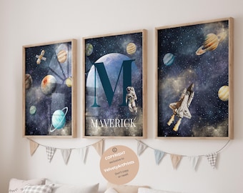 Space Prints,  space nursery wall art,  Astronaut Planets  Wall Art, Outer Space Watercolour Prints, Set of 3, Rocket Posters, boys room art