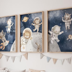 Weltraum Druck, Safari Tiere, Kinderzimmer Drucke, Weltraum Drucke, Aquarell Tiere, Weltraum Drucke, 3er Set, Jungen Raum Kunst