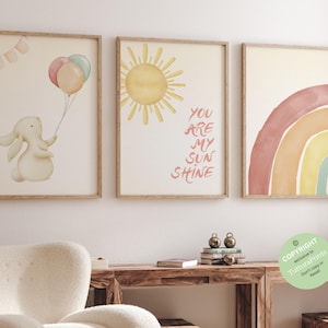 Boho Rainbow Nursery Prints Girl nursery wall art Nursery decor girls Bunny nursery Rainbow Sun Print boho nursery wall decor rabbit nursery