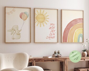 Boho Rainbow kinderkamer prints meisje kinderkamer kunst aan de muur kinderkamer inrichting meisjes Bunny kinderkamer Rainbow Sun Print boho kinderkamer muur decor konijn kinderkamer