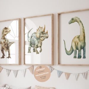 Estampas de dinossauros, pôsteres de dinossauros, arte de parede de dinossauros, conjunto de 3, berçário de dinossauros em aquarela, impressão de T-Rex, tricerátopo, brontossauro, quarto de menino