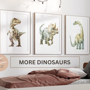 Dinosaur Prints, Dinosaur Posters, Dinosaur Wall Art,Set of 3, Watercolor Dinosaur Nursery, T-Rex Print, Triceratops, Brontosaurus, Boy Room