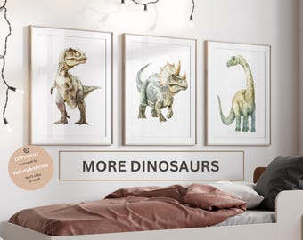 Estampas de dinossauro, pôsteres de dinossauro, arte de parede de dinossauro, conjunto de 3, berçário de dinossauro em aquarela, impressão de T-Rex, tricerátopo, brontossauro, quarto de menino