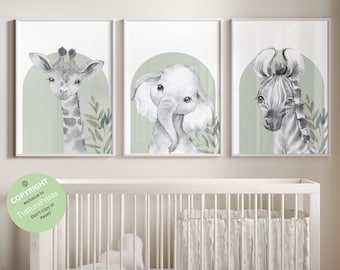 Safari Animal Prints, Elephant Lion Giraffe, Sage Green Gender Neutral Kids Bedroom Playroom Decor, Jungle Animal Prints, set of 3 prints