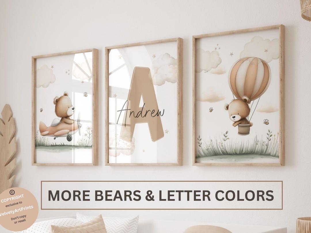 Set of 3 Custom Teddy Bear Nursery Wall Art Print| Personalized Name ...