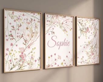 Estampados de flores silvestres, arte floral para guardería, nombre personalizado, decoración de flores silvestres para guardería, arte de pared bohemio para guardería, decoración de guardería para niña, flores de prado