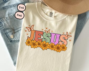 Retro Floral Jesus Png, Christian Svg Design (Digital Download)