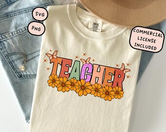 Retro bloem leraar png SVG, shirtontwerp voor leraar (digitale download)
