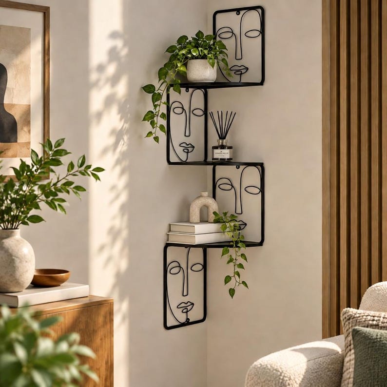 Corner Wall Shelf, Face Sculpture Display Shelf, 3 Tier Metal Organizer ...