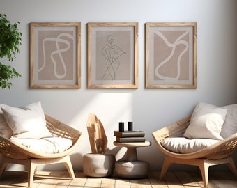 Set de láminas artísticas abstractas neutras, estilo bohemio minimalista para pared de galería, juego de 3 (descarga digital)