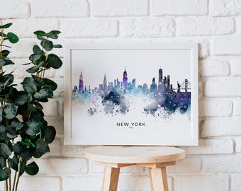 Akvarelltryck av New York Citys silhuett: Heminredning med USA:s stadslandskap (digital nedladdning)