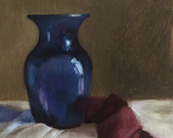 Petite Original Daily Oil Painting, Blue Vase, Realism, Still Life