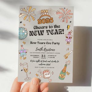 Editable Retro 2026 New Year's Eve Party Invitation Canva Template Cheers to the New Year Card Invite Printable New Years Cocktails Party image 1