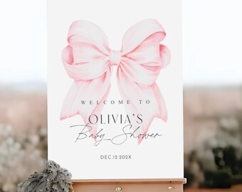 Rosa Schleife Baby Shower Willkommensschild Canva Template Rosa Kokette Babyparty Eingang Schild Vorlage Pink Ribbon Minimal 18x24 & 24x36
