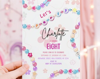 Invitación de pulsera de la amistad para cumpleaños de niña, invitación para hacer pulseras de cuentas, fiesta de joyería, rosa en mi cumpleaños, fiesta temática de épocas, editable en Canva