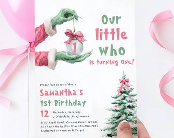 Un piccolo invito per la festa di compleanno di Chi compie un anno Invito per la festa di compleanno di Pink Girl Grinch Invito per la festa di compleanno di Grinchmas modificabile