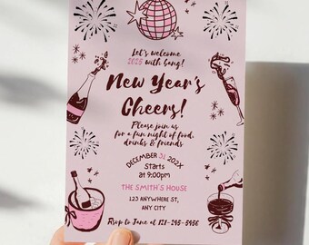 May include: A pink New Year's Eve party invitation with illustrations of fireworks, champagne bottles, and a disco ball. The invitation text reads "New Year's Cheers!" and includes event details such as the date, time, and location.