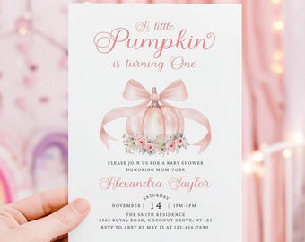 Pompoen 1e verjaardagsuitnodiging roze strik meisje herfst eerste verjaardagsfeestje uitnodiging afdrukbare coquette kleine pompoen 1e verjaardagsuitnodiging