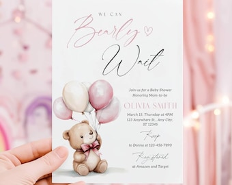 Invitación para baby shower con osito de peluche rosa / Invitación editable en Canva con el tema "We Can Bearly Wait Girl Coquette" (Descarga digital)